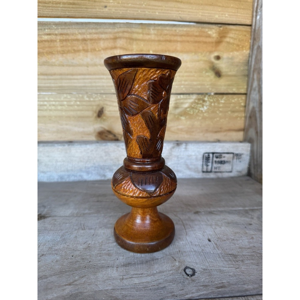 Vintage Hand Carved Wood Bud Vase Folk Art Decor Flower Design